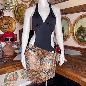 VENUS Black Halter One-Piece sz S Swimsuit with Leopard Print Sarong (NEW)